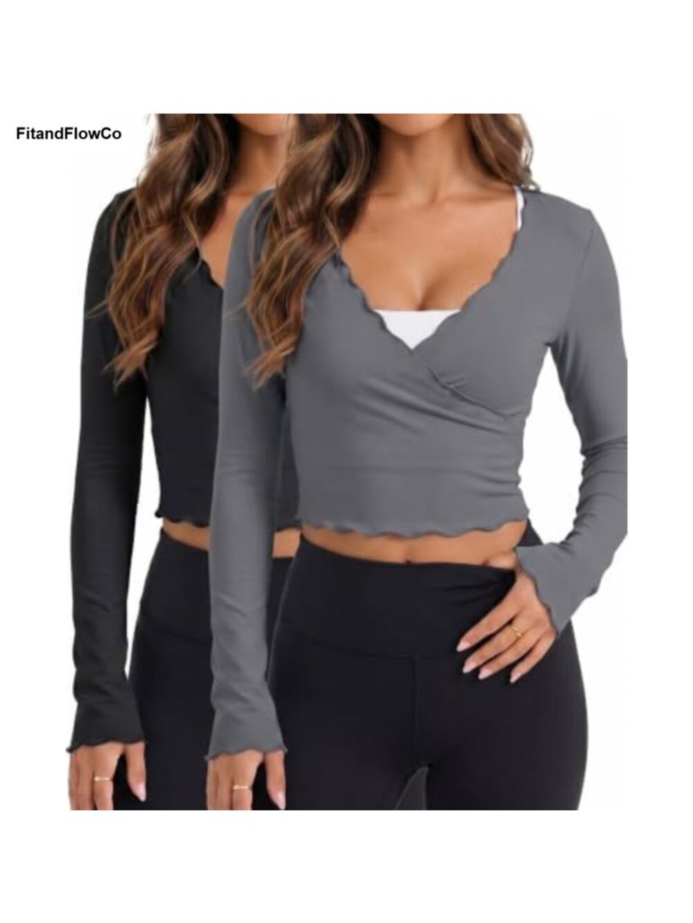 Women Tie Front Wrap Crop Top Long Sleeve Ballet Pilates Shirt